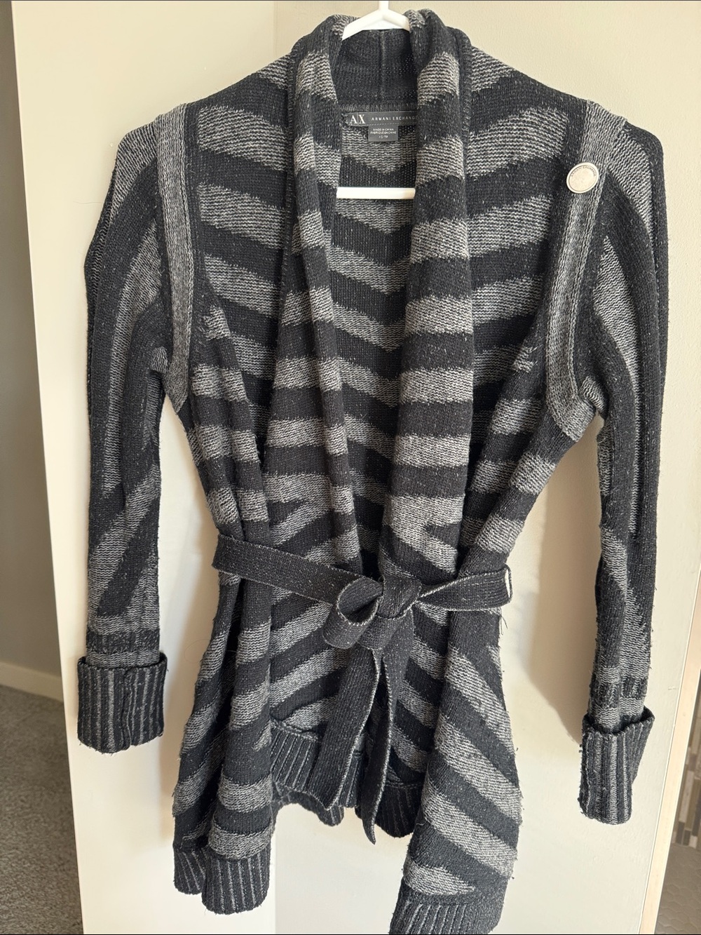 Armani Exchange Black & Gray Striped Belted Shawl Cardigan